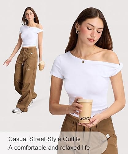 Curvphilo Women Summer Off Shoulder Tops Y2K Going Out T Shirts Double Lined Crop Top Fashion Clothes Trendy Outfits thumbnail 6