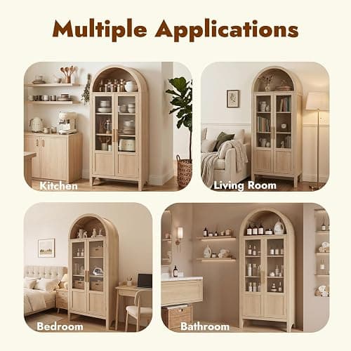 VATROS 71" Tall Arched Storage Cabinet with 2 Doors and 5 Shelves, Modern Pantry Cabinet with Transparent Doors, Floor Cabinet for Living Room, Kitchen, Dining Room, Bathroom, Nature Wood thumbnail 6