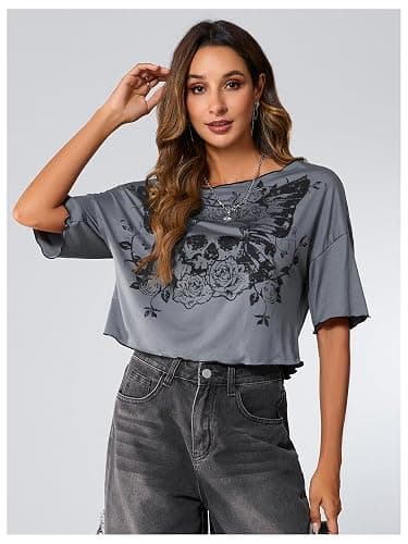 SOLY HUX Womens Y2K Grunge Shirts Short Sleeve Off Shoulder Crop Graphic Tees Goth Skull Tops thumbnail 6