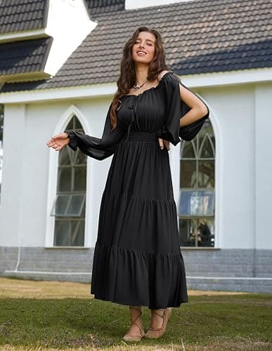 Scarlet Darkness Women Renaissance Off Shoulder Long Sleeve Smocked Waist Tiered Long Maxi Dress thumbnail 4