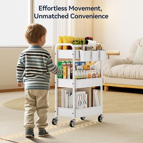 YASONIC Metal 3 Tier Rolling Cart - Heavy Duty Utility Cart with Lockable Wheels, Hanging Cups, Hooks, Mesh Rolling Storage Cart Craft Cart Organizer, Lightweight and Sturdy, White thumbnail 4