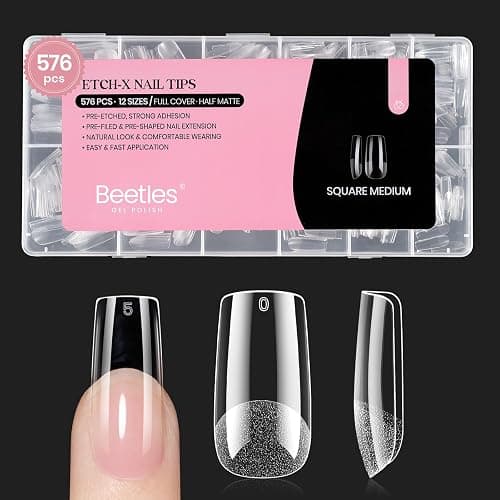 Beetles Nail Tips Medium Square 576Pcs 12 Sizes - Pre-Etched Acrylic Tips | Half Matte False Nails Art Full Cover Press On Nail Extensions Gift Set Home DIY Salon - Image 1
