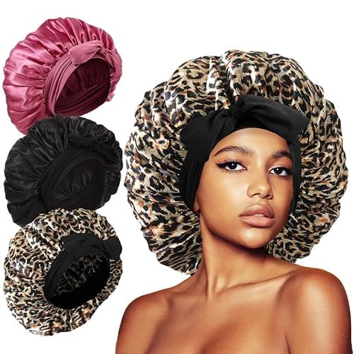 3Pcs Silk Bonnet for Sleeping, Satin Hair Bonnets for Black Curly Hair Women Jumbo Bonnet with Tie Band Braids (Black Leopard Rose-pink) - Image 1