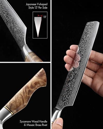 HEZHEN 7 inch Nakiri Knife Japanese High Carbon Steel-Super Durable Cooking Knife-67 Layers of Damascus Steel Sharp Blade -Ergonomic Design for Figured Sycamore Wood Handle thumbnail 7