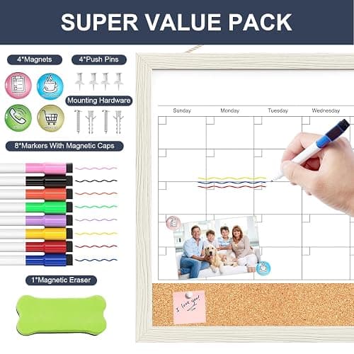 Calendar Whiteboard for Wall, TANKEE 17x13 Inches Whiteboard Calendar Cork Board Combo, Small Magnetic White Board with Wood Framed, Hanging Dry Erase Board for Kitchen Home Office School Planner thumbnail 6