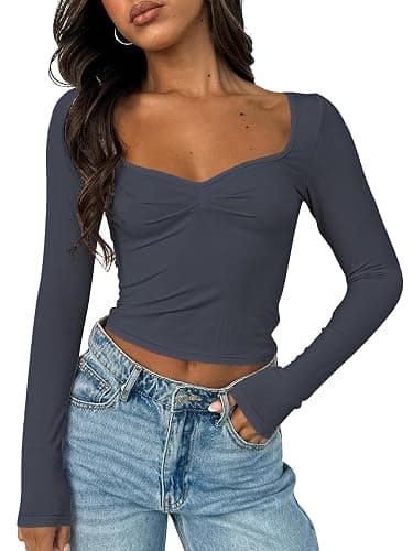 TiulZial Women's Long Sleeve Going Out Crop Top Sexy Pleated Trendy Shirt Sweetheart Neck Y2K Ruched Cropped Tops - Medium - Dark Grey - Image 1