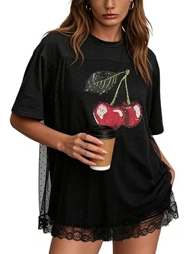 CSDAJIO Trendy Crew Neck Oversized T Shirts for Women Short Sleeve Loose Graphic Tee Summer Lace Top - Image 1