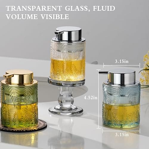 CICUFY Glass Foam Soap Dispenser for Kitchen & Bathroom - Refillable Lotion Dispenser with Large Gold Pump (Leaf Pattern-Pink) thumbnail 2