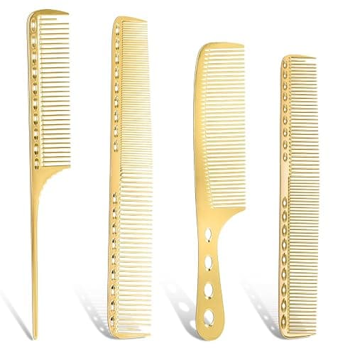 Professional Barber Aluminum Comb Set Metal Combs for Cutting Comb Hair Hairdressing Tail Comb (Golden) - Image 1