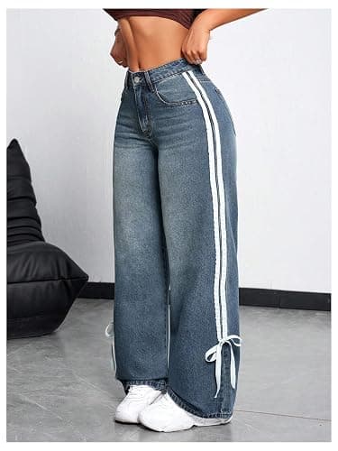 MakeMeChic Women's Straight Wide Leg Denim Pants Striped Bow Rise Jeans with Pocket Y2K Streetwear thumbnail 4
