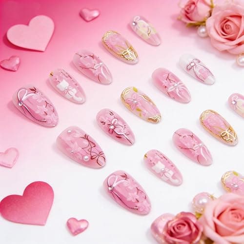 30Pcs Pink Flower Press on Nails Medium Almond Fake Nails Peach Blossom with 3D Rhinestones Pearl Gold Glitter Design Artificial Cute Cat Nails Stick on Nails Spring False Nails for Women Acrylic Nail thumbnail 5