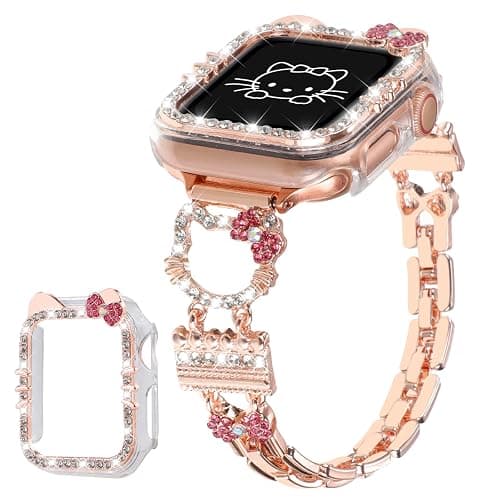 Bling Bracelet Band with Protector Case Compatible with Apple Watch Bands for Women iWatch Series 11 10 46mm 42mm,Series 9 8 7 41mm 45mm,Series 6 5 4 SE 40mm 44mm,Cute Cartoon Jewelry Metal Strap - Image 1
