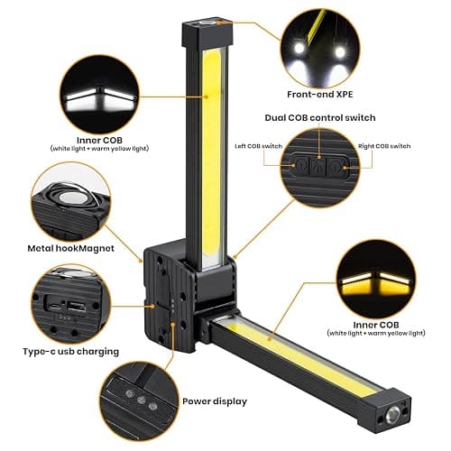 Gym Lamp, Portable Gym Light Posing Lamp Magnetic LED Flashlight 7th Gear Dimming with Hanging Hook 180° Folding (Black) thumbnail 3