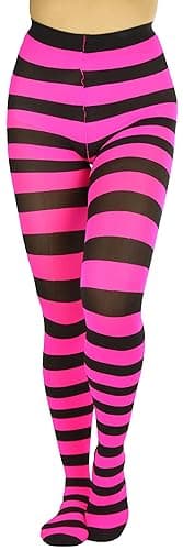 ToBeInStyle Women’s Wide Horizontal Contrast Stripe Tights Opaque Hosiery - One Size - Black and Hot Pink