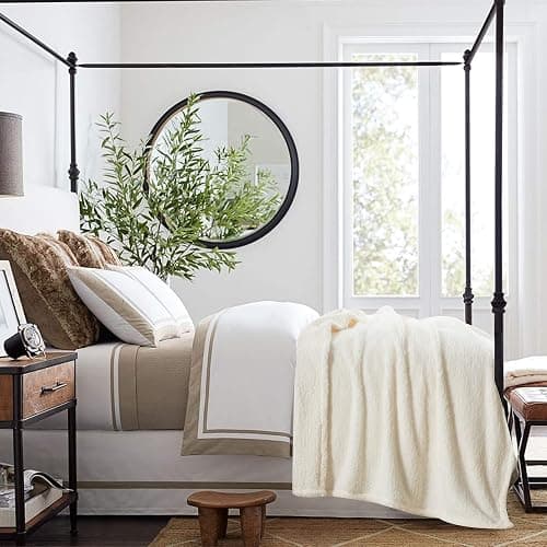 Ultra Soft Cozy Sherpa Throw Blanket, Solid Antique White Light Weight Warm Decorative Boho Style Plush Throw Blanket Cover for Sofa, Couch, Bedroom,Travel, Pattern Reversible, 60”x80” thumbnail 7