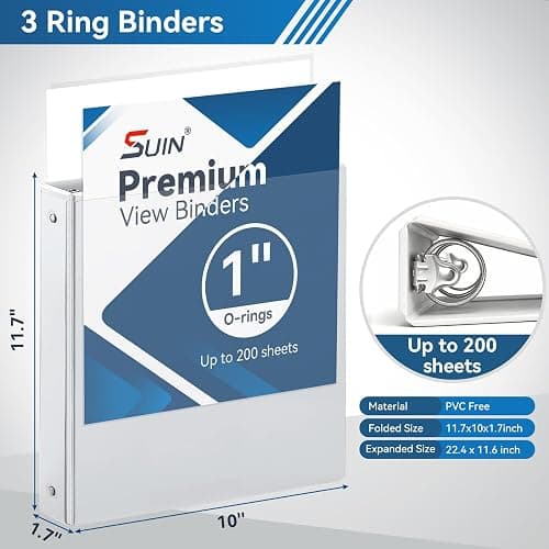 SUIN 1-inch 3 Ring Binder with 2 Pockets, Clear Customizable View Binders for US Letter Size 8.5'' x 11'', PVC Free, 1'' Binder for Office, Home, and School, White, 6 Pack thumbnail 2