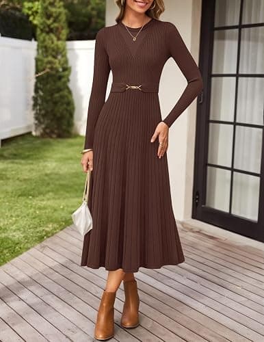 ZESICA Women's Long Sleeve Midi Sweater Dress 2025 Fall Crewneck Knit A Line Pleated Flowy Long Dresses with Belt thumbnail 3
