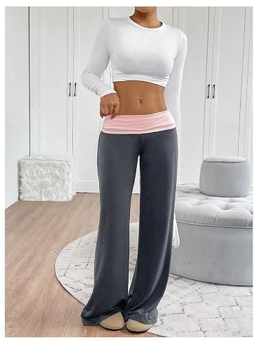 SOLY HUX Women's Sweatpants Color Block Low Rise Fold Over Waist Baggy Wide Leg Pants thumbnail 5