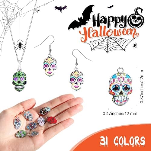 Hicarer 62 Pcs Sugar Skull Charms for Jewelry Making Halloween Enamel Charms Dia De Los Muertos Flower Skull Pendants for Necklaces Bracelets Earring Crafts(Chic Style) thumbnail 2