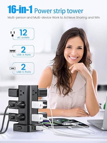 Flat Plug Power Strip Tower Surge Protector, 10FT Flat Extension Cord with Multiple Outlets, 12 AC Outlets, 4 USB Ports (2 USB C) Charging Station for Office Home Dorm Room Travel (Black) thumbnail 2