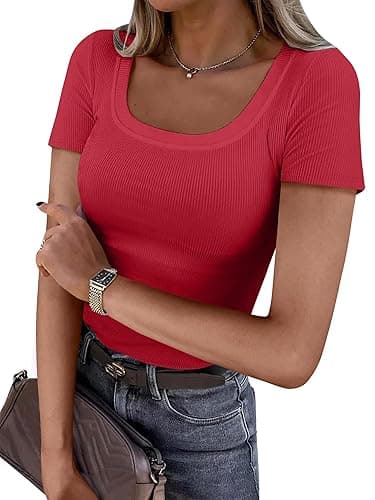 ANRABESS Women Short Sleeve Tops Scoop Neck Ribbed Knit Slim Fitted Basic Tee Shirts 2025 Casual Summer Trendy Clothes - Red - X-Small