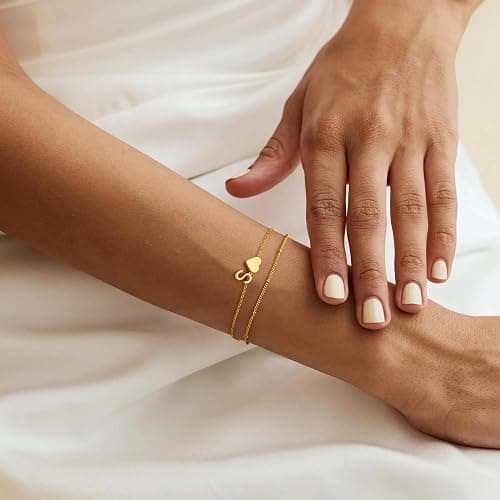 M MOOHAM Valentines Day Gifts for Kids Teen Girls -14K-Gold-Plated Heart Initial A-Z Bracelets for Women Girl Dainty Gold Bracelets Birthday Valentines Gifts for Women Her Teenage Girls Kid Teen Gift thumbnail 4