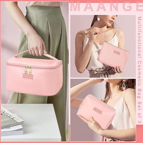 MAANGE Makeup Bag Waterproof Travel Cosmetic Bag PU Leather Cosmetic Pouch Portable Makeup Organizer Bag Large Capacity Toiletry Bag Multifunctional Storage Make Up Bag for Women (Pink, 3Pcs) thumbnail 3