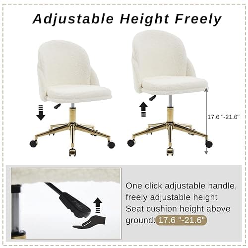 Faux Fur Desk Chair, Comfy Boucle Makeup Vanity Chair Modern Upholstered Fluffy Swivel Chair with Wheels Golden Metal Base, Height Ajdustable for Girls, Home Office Living Dressing Room Bedroom, White thumbnail 5