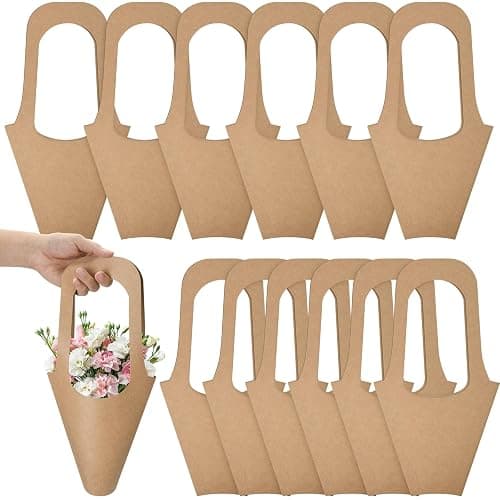 Cosmos 12 Pcs Kraft Paper Flower Gift Bags Bouquet Wrapping Bags with Handle Flower Bouquet Holder Floral Bags Flower Wrapping Sleeve Brown Gift Carry Bags for Flower Arrangement Packing Wedding - Image 1