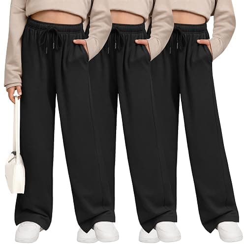 LessonZoo 3 Pack Girls' Sweatpants Wide Leg Drawstring Casual Kids Joggers Open Bottom Loose Solid Teen Pants with Pockets - Image 1