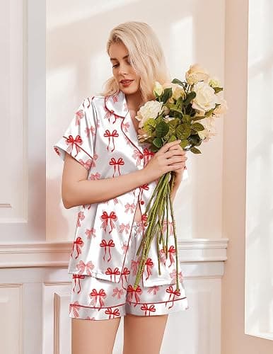 Ekouaer Womens Christmas Pajamas Silk Satin Sleepwear Holiday Matching Pjs Funny Short Sleeve Button Down Nightwear Set S-XXL thumbnail 4