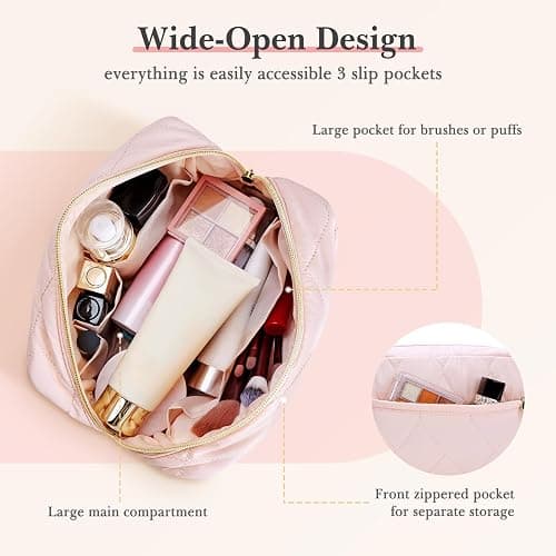 Noozion Makeup Bag, Travel Cosmetic Bag, Puffy Padded Make Up Bag for Women, Makeup Organizer Case, Wide-open Pouch Purse, Travel Essentials - Pink thumbnail 3