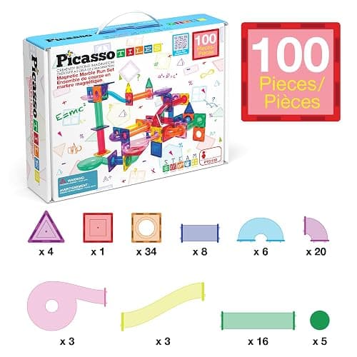 PicassoTiles 100 Piece Marble Run Magnetic Tiles Race Track STEM Ages 3+ | BPA-free ABS plastic, reinforced edges, curved slopes and U-turns, steel balls included, open-ended maze layouts, shared play thumbnail 7