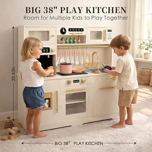 Play Kitchen for Kids, Wooden Pretend Toy Kitchen Set with Appliances & Smart Storage, Kids Kitchen Playset with 49 Toy Food & Cookware Accessories for Toddlers, Stove, Play Sink, Gift for Ages 3+ thumbnail 2