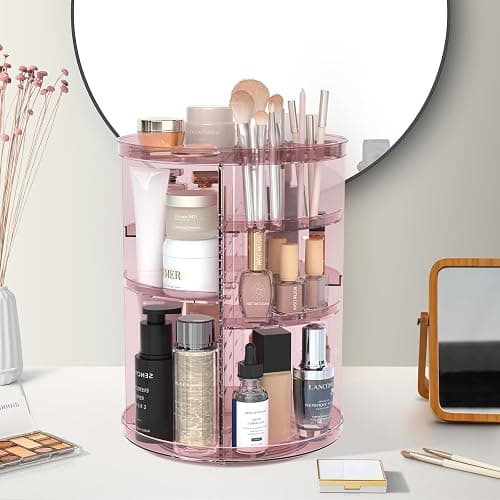 Rotating Makeup Organizer, DIY 8 Adjustable Layers 360 Spinning Skincare Organizers, Makeup Storage Carousel Tower with Brush Holder & Perfume Trays, Cosmetic Display Case for Vanity Bathroom - Clear Pink thumbnail 7