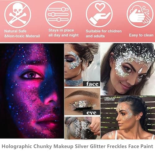 Go Ho Silver Face Body Glitter Gel,Singer Concerts Silver Face Paint Makeup,Holographic Chunky Glitters for Hair/Lip/Nails on Party Halloween Makeup,Festival Rave Accessories,52g thumbnail 7