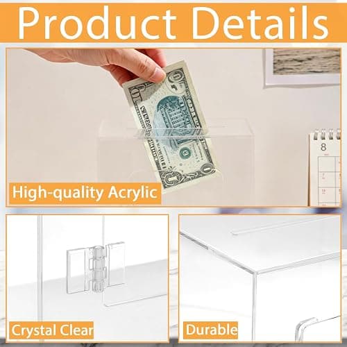 Anvin Acrylic Piggy Bank with Key - Clear Money Saving Bank for Adults & Kids - Secure Lock & Reusable Visual Goal Tracker - Modern Transparent Coin Jar thumbnail 4