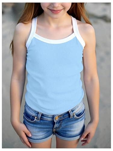 OYOANGLE Girl's Ribbed Color Block Tank Top Sleeveless Fitted Cute Summer Cami Tops Beach Vacation Undershirts thumbnail 4