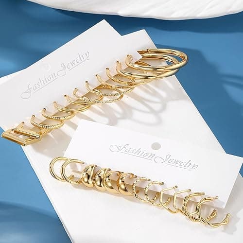 17IF 12 Pairs Golden Hoop Earring Set for Women Chunky Smooth Surface Trendy Small to Big Stud Earring Lightweight Twisted Pearl Ear Pack thumbnail 3