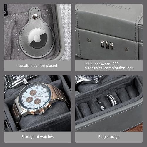KAMIER Watch Case with Combination Lock - 4 Watch Storage and Jewelry Organizer - Watch Travel Case for Ring and Watch Storage, PU Leather Travel Watch Case, Ideal for Gift (With Gift Box), Grey thumbnail 4