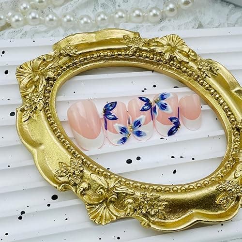 24Pcs White French Tip Press on Nails Medium Almond 3D Flower Fake Nails with Gold Pearl Designs Glossy Artificial Acrylic Full Cover False Nails Blue Floral Nails Summer Press ons for Women Manicure thumbnail 4