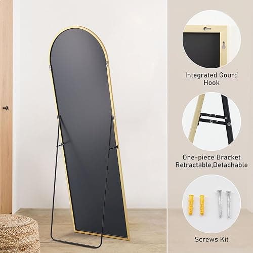DUMOS Arched Full Length Mirror with Stand 64"x21" Floor Standing Aluminum Frame for Bedroom Body Hanging Leaning Modern Simple Home Decor Shatter-proorf Nano Glass Wall Living Room Cloakroom Gold - Gold-arched - 64"L x 21"W thumbnail 5