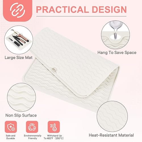 Suafrnut Heat Resistant Mat 14.2" x 11", for Curling Irons, Flat Irons, Hair Straightener, Hot Hair Styling Tools, Oversize, Portable, Travel Mat Cover, Silicone - Ivory thumbnail 4
