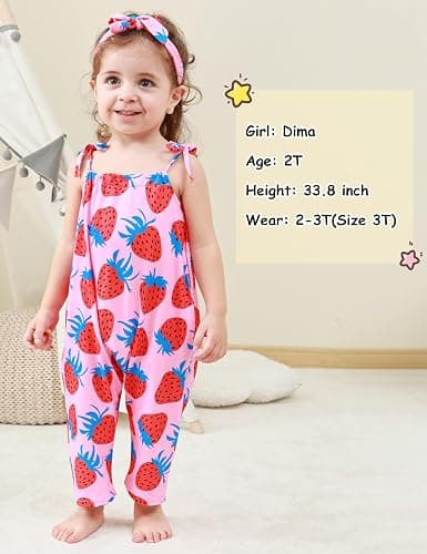 Lindanina Toddler Baby Girls Romper Sleeveless Jumpsuit Summer Clothes Adjustable Tie-Up Strap with Pocket Headband 1-5T thumbnail 2