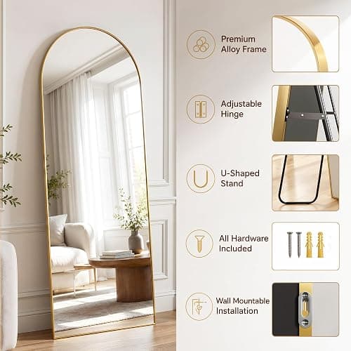 Antok Full Length Mirror, 58"x18" Floor Mirror with Stand, Gold, Arched | Shatter-Proof Glass, Floor Standing, Hanging, Leaning, HD Full Body Mirror with Aluminum Alloy Frame for Bedroom Livingroom thumbnail 4
