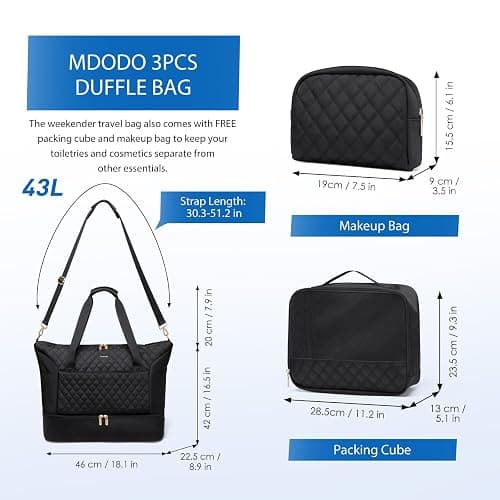 MDODO Travel Duffel Bag for Women Weekender Overnight Carry on Tote Duffle Bag Personal Item Bag with Shoe Compartment for Business,Trips,Travel,Sports,Gym,Yoga,Hospital, 3 Pcs Set, 43L,Black thumbnail 3
