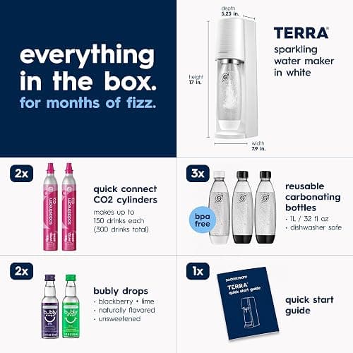 SodaStream TERRA Sparkling Water Maker, Value Bundle, CQC CO2 System, Includes 2 Quick Connect 60L CO2 Cylinders, 3 Dishwasher Safe BPA Free Bottles, 2 bubly Drops, Make your own Pepsi, White thumbnail 2