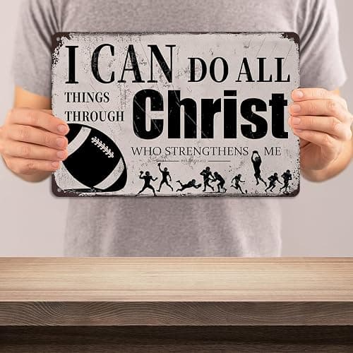 Football Wall Decor for Boys – “I Can Do All Things Through Christ” Inspirational Tin Sign – Christian Sports Room Art for Kids Bedroom or Locker Room, 8x12 Metal Football Sign thumbnail 2
