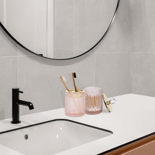 FEILANDUO Bathroom Accessories Set,4Pcs Glass Bathroom Accessories,Vanity Bathroom Decor, Soap Dispenser, Toothbrush Holder Set, Apothecary Jar, Gift for Home Apartment (Pink) thumbnail 6