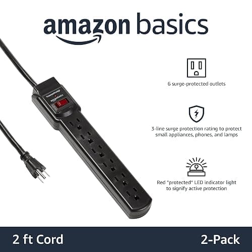 Amazon Basics Surge Protector Power Strip, 6-Outlet with 200J Protection, 2ft Extension Cord, Rectangle, Black (2 Pack) - Black - 2-feet thumbnail 2